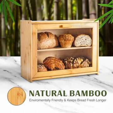 Laura's Green Kitchen Bread Box - Bamboo Bread Box For Kitchen Countertop | Bread Storage For Homemade Bread, Double Layer Bread Box For Kitchen Counter, Farmhouse Bread Container, Wood Breadbox
