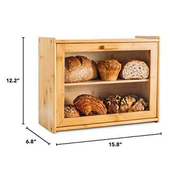 Laura's Green Kitchen Bread Box - Bamboo Bread Box For Kitchen Countertop | Bread Storage For Homemade Bread, Double Layer Bread Box For Kitchen Counter, Farmhouse Bread Container, Wood Breadbox