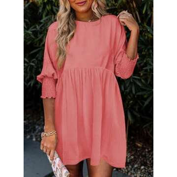 Dokotoo Womens Summer Spring Dresses 2025 Fashion Empire Waist Cute Babydoll Tunic Dress Casual Short Sleeve Wedding Mini Dress A Line Sundress Flowy Prom Shirt Dress Plus Size Pink Dress Large
