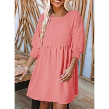 Dokotoo Womens Summer Spring Dresses 2025 Fashion Empire Waist Cute Babydoll Tunic Dress Casual Short Sleeve Wedding Mini Dress A Line Sundress Flowy Prom Shirt Dress Plus Size Pink Dress Large