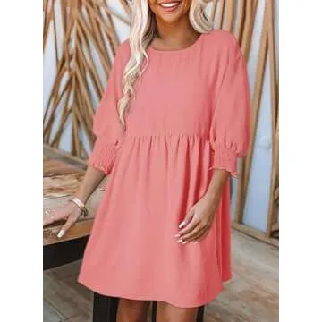 Dokotoo Womens Summer Spring Dresses 2025 Fashion Empire Waist Cute Babydoll Tunic Dress Casual Short Sleeve Wedding Mini Dress A Line Sundress Flowy Prom Shirt Dress Plus Size Pink Dress Large