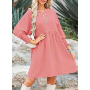 Dokotoo Womens Summer Spring Dresses 2025 Fashion Empire Waist Cute Babydoll Tunic Dress Casual Short Sleeve Wedding Mini Dress A Line Sundress Flowy Prom Shirt Dress Plus Size Pink Dress Large