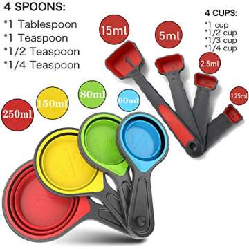 Collapsible Silicone Soft Measuring Cups and Measuring Spoons,8 pieces Portable Food Grade Silicone ...