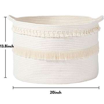 ANTJUMPER Cotton Rope Basket Hamper, Macrame Tassel Storage Basket with Handle Rope Woven Nursery Hamper Storage Bin for Clothes Blankets Pillow and Toys (20"x20"x14") White2
