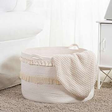 ANTJUMPER Cotton Rope Basket Hamper, Macrame Tassel Storage Basket with Handle Rope Woven Nursery Hamper Storage Bin for Clothes Blankets Pillow and Toys (20"x20"x14") White2