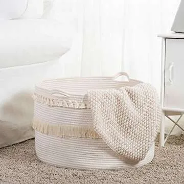 ANTJUMPER Cotton Rope Basket Hamper, Macrame Tassel Storage Basket with Handle Rope Woven Nursery Hamper Storage Bin for Clothes Blankets Pillow and Toys (20"x20"x14") White2