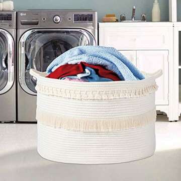 ANTJUMPER Cotton Rope Basket Hamper, Macrame Tassel Storage Basket with Handle Rope Woven Nursery Hamper Storage Bin for Clothes Blankets Pillow and Toys (20"x20"x14") White2