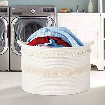 ANTJUMPER Cotton Rope Basket Hamper, Macrame Tassel Storage Basket with Handle Rope Woven Nursery Hamper Storage Bin for Clothes Blankets Pillow and Toys (20"x20"x14") White2