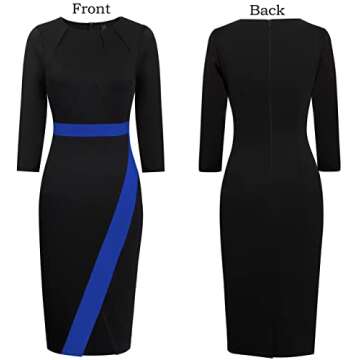 VFSHOW Womens Black and Blue Pleated Crew Neck Patchwork Front Slit Work Business Office Party Bodycon Sheath Pencil Dress 8178 BLU L