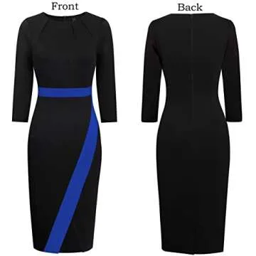 VFSHOW Womens Black and Blue Pleated Crew Neck Patchwork Front Slit Work Business Office Party Bodycon Sheath Pencil Dress 8178 BLU L