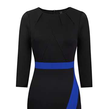 VFSHOW Womens Black and Blue Pleated Crew Neck Patchwork Front Slit Work Business Office Party Bodycon Sheath Pencil Dress 8178 BLU L