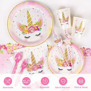 Ultimate Unicorn Birthday Decorations for Girls with Backdrop and Hanging Swirls, Plates and Napkins Party Supplies Serves 16