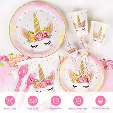 Ultimate Unicorn Birthday Decorations for Girls with Backdrop and Hanging Swirls, Plates and Napkins Party Supplies Serves 16