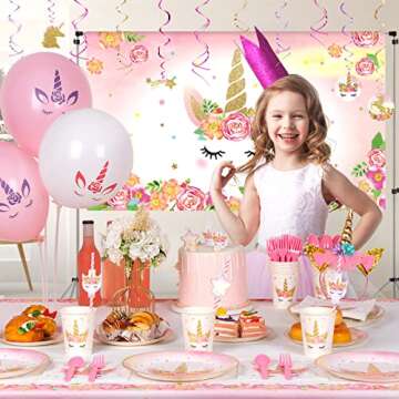 Ultimate Unicorn Birthday Decorations for Girls with Backdrop and Hanging Swirls, Plates and Napkins Party Supplies Serves 16