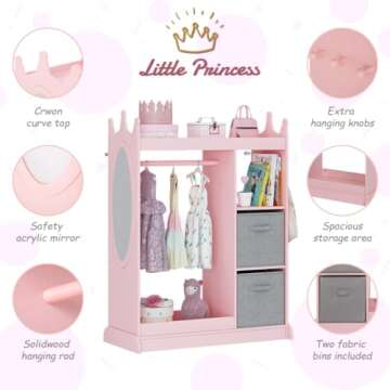 UTEX Kids Armoire Wardrobe Closet with Mirror and Storage Bin, Pink, 33.4 in W x 15.75 in D x 44.5 in H