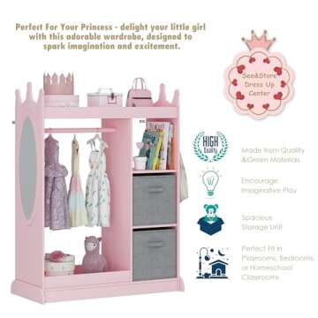UTEX Kids Armoire Wardrobe Closet with Mirror and Storage Bin, Pink, 33.4 in W x 15.75 in D x 44.5 in H