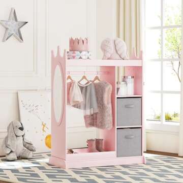 UTEX Kids Armoire Wardrobe Closet with Mirror and Storage Bin, Pink, 33.4 in W x 15.75 in D x 44.5 in H