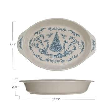 Creative Co-Op Stoneware Handled Baker with Holiday Pattern, Blue and Cream