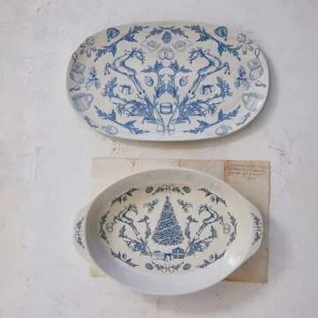 Creative Co-Op Stoneware Handled Baker with Holiday Pattern, Blue and Cream