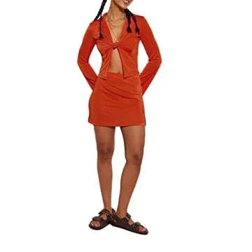 TUSFTAY 2 Piece Skirt Sets for Women Long Sleeve Cardigan Button Down Shirt Crop Tops and Skirt Sets Summer Mini Skirt Outfits (Orange, M)