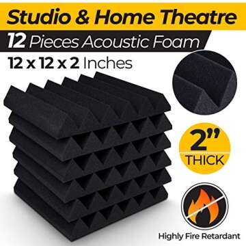 Soundproof Acoustic Foam Panels - 12 Pack 2" X 12" X 12" Soundproofing Black Wedges Fireproof Studio Foam, Absorbing Sound Proof Dampening and Padding Insulation Panel
