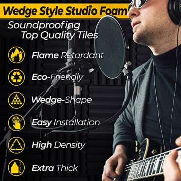 Soundproof Acoustic Foam Panels - 12 Pack 2" X 12" X 12" Soundproofing Black Wedges Fireproof Studio Foam, Absorbing Sound Proof Dampening and Padding Insulation Panel