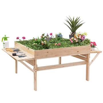 Giantex Garden Raised Bed Wood Flower Elevated Gardening Planter w/ 2 Side Platforms Plant Workstation