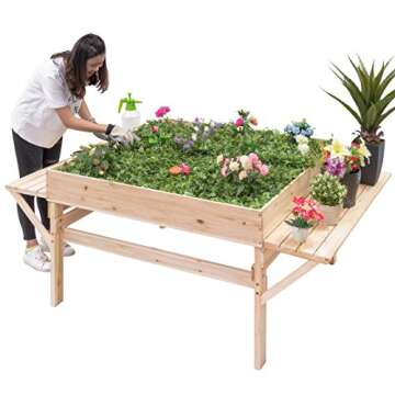 Giantex Garden Raised Bed Wood Flower Elevated Gardening Planter w/ 2 Side Platforms Plant Workstation