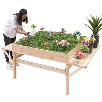 Giantex Garden Raised Bed Wood Flower Elevated Gardening Planter w/ 2 Side Platforms Plant Workstation