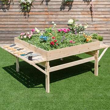 Giantex Garden Raised Bed Wood Flower Elevated Gardening Planter w/ 2 Side Platforms Plant Workstation