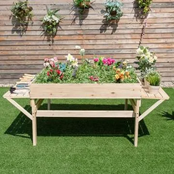 Giantex Garden Raised Bed Wood Flower Elevated Gardening Planter w/ 2 Side Platforms Plant Workstation