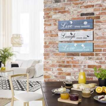 Jetec 3 Pieces Rustic Wood Sign Wall Decor Live Love Blessed Family and Love Quote Sign Farmhouse Wall Mount Decoration for Home Kitchen Living Room, 12 x 3 x 0.2 Inch(Blue Series,Classic)