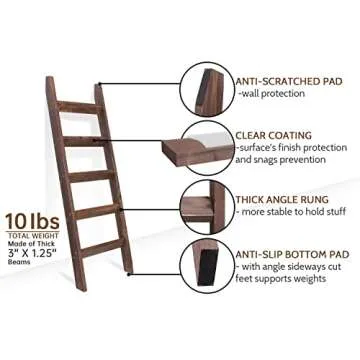 FUIN 5ft Wood Blanket Ladder for Rustic Home Decor