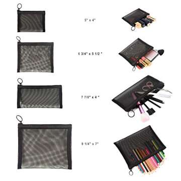 Patu Zipper Mesh Bags, Pack of 4 (S/M/L & Pencil Pouch), Beauty Makeup Cosmetic Accessories Organizer, Travel Toiletry Kit Set Storage Case, Black
