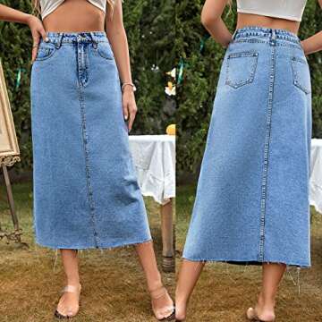 Viatabuna Denim Skirts for Women Midi Length High Waist Frayed Hem A line Long Jean Skirt with Pockets C# Dark Blue