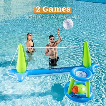 Inflatable Volleyball Net & Basketball Hoops Pool Float Set; Balls Included for Kids and Adults, Summer Pool Game, Floaties, Volleyball Court (105”x28”x35”)|Basketball (27”x23”x27”),Green
