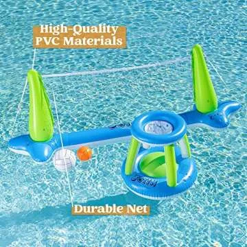 Inflatable Volleyball Net & Basketball Hoops Pool Float Set; Balls Included for Kids and Adults, Summer Pool Game, Floaties, Volleyball Court (105”x28”x35”)|Basketball (27”x23”x27”),Green