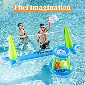 Inflatable Volleyball Net & Basketball Hoops Pool Float Set; Balls Included for Kids and Adults, Summer Pool Game, Floaties, Volleyball Court (105”x28”x35”)|Basketball (27”x23”x27”),Green