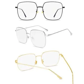 RTBOFY Blue Light Blocking Glasses Women Square Nerd Computer Glasses Oversized Eyeglasses Metal Frame Men (Gold+Silver+Black)
