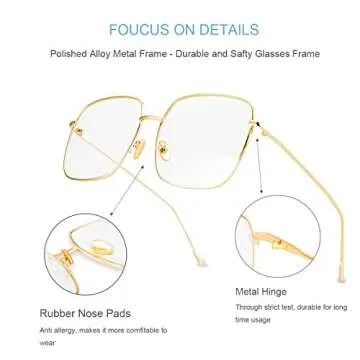RTBOFY Blue Light Blocking Glasses Women Square Nerd Computer Glasses Oversized Eyeglasses Metal Frame Men (Gold+Silver+Black)