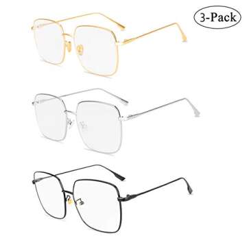 RTBOFY Blue Light Blocking Glasses Women Square Nerd Computer Glasses Oversized Eyeglasses Metal Frame Men (Gold+Silver+Black)