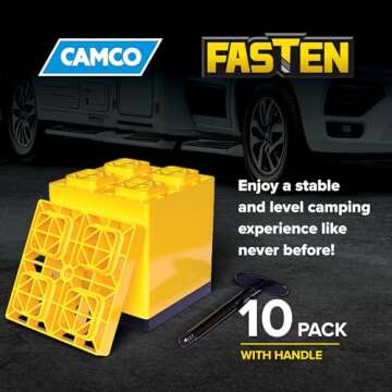 Camco Fasten Camper/RV Leveling Blocks - Features Interlocking Design for Customizable Height - Carrying Handle Twists to Secure Blocks for RV Storage - 8.5” x 8.5” x 1”, Yellow, 10-Pack (21022)