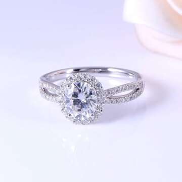 DovEggs Moissanite Engagement Ring for Women，Wedding Rings,14k Gold QUALITY Sterling Silver Center 1ct 6X7mm Vintage Oval Cut G-H-I Color Moissanite Wedding Band Halo Split Shank Anniversary Rings