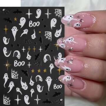 6Pcs Halloween Nail Stickers 3D Self-Adhesive Pink White Ghost Nail Decals Funny Spider Web Nail Art Stickers with Rhinestones Nail Design Supplies Charms Spider Stickers for Women Manicure Decoration