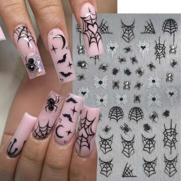 6Pcs Halloween Nail Stickers 3D Self-Adhesive Pink White Ghost Nail Decals Funny Spider Web Nail Art Stickers with Rhinestones Nail Design Supplies Charms Spider Stickers for Women Manicure Decoration