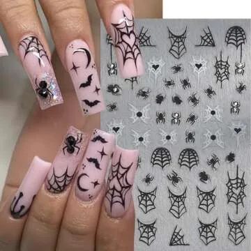 6Pcs Halloween Nail Stickers 3D Self-Adhesive Pink White Ghost Nail Decals Funny Spider Web Nail Art Stickers with Rhinestones Nail Design Supplies Charms Spider Stickers for Women Manicure Decoration