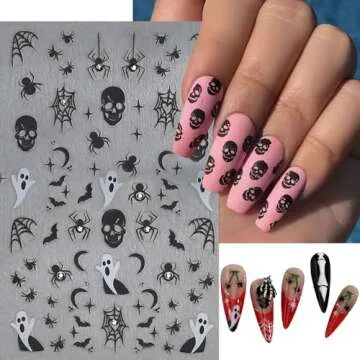 6Pcs Halloween Nail Stickers 3D Self-Adhesive Pink White Ghost Nail Decals Funny Spider Web Nail Art Stickers with Rhinestones Nail Design Supplies Charms Spider Stickers for Women Manicure Decoration