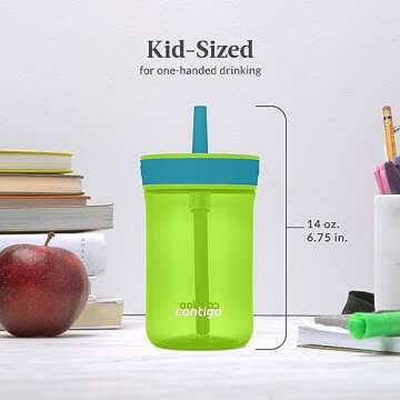 Contigo Kids’ Leighton Straw Tumbler with Spill-Proof Leak-Proof Lid, 14oz, Lime/Juniper