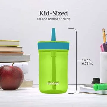 Contigo Kids’ Leighton Straw Tumbler with Spill-Proof Leak-Proof Lid, 14oz, Lime/Juniper