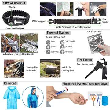 200Pcs Emergency Survival Kit and First Aid Kit Professional Survival Gear SOS Emergency Tool with Molle Pouch for Camping Adventures (Black)